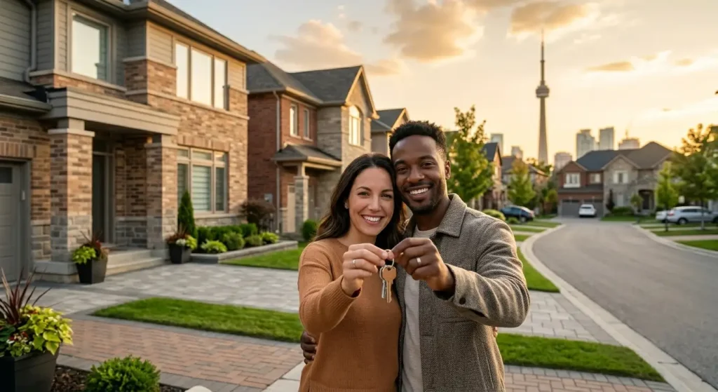 Happy first-time home buyers in Ontario GTA holding house keys outside new home in Vaughan Mississauga neighbourhood