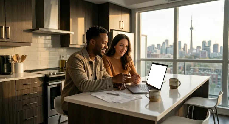 GTA couple reviewing mortgage affordability numbers on laptop showing maximum mortgage calculator results for Toronto home purchase