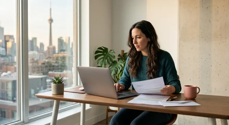 Self-employed professional in Toronto reviewing mortgage documents and income statements with laptop at home office desk